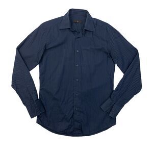 Ermenegildo Zegna Shirt Mens 15 Navy Black Striped Cotton Long Sleeve Dress